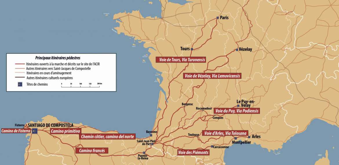 Principaux itinéraire vers Compostelle